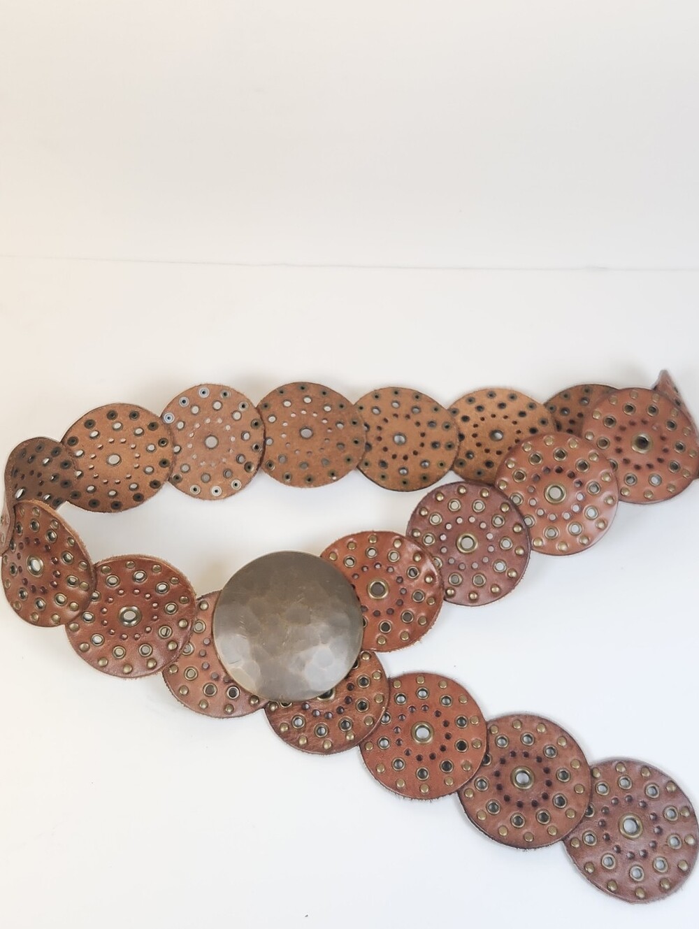 Y2K Fossil Disc Hip Belt Leather Brown Large Boho